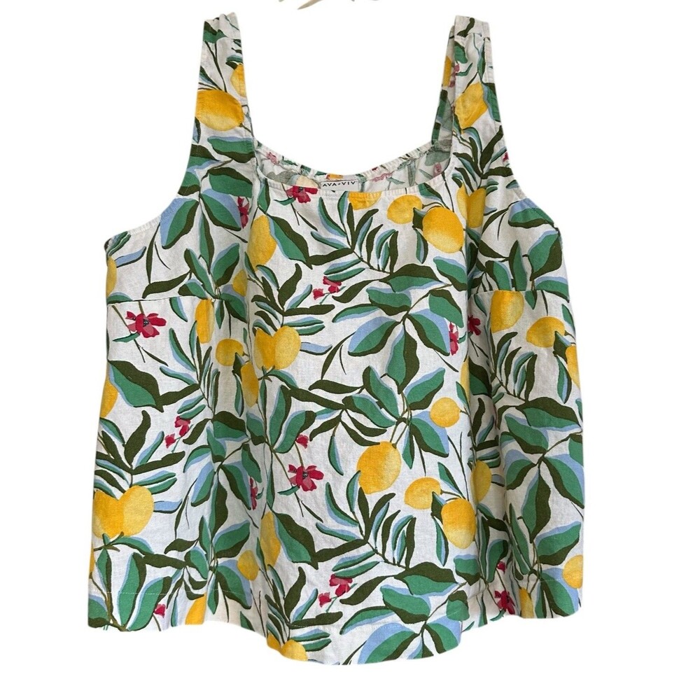 Ava and Viv 2x Linen Blend Tank Top Tropical Lemon Floral Print Button Back‎